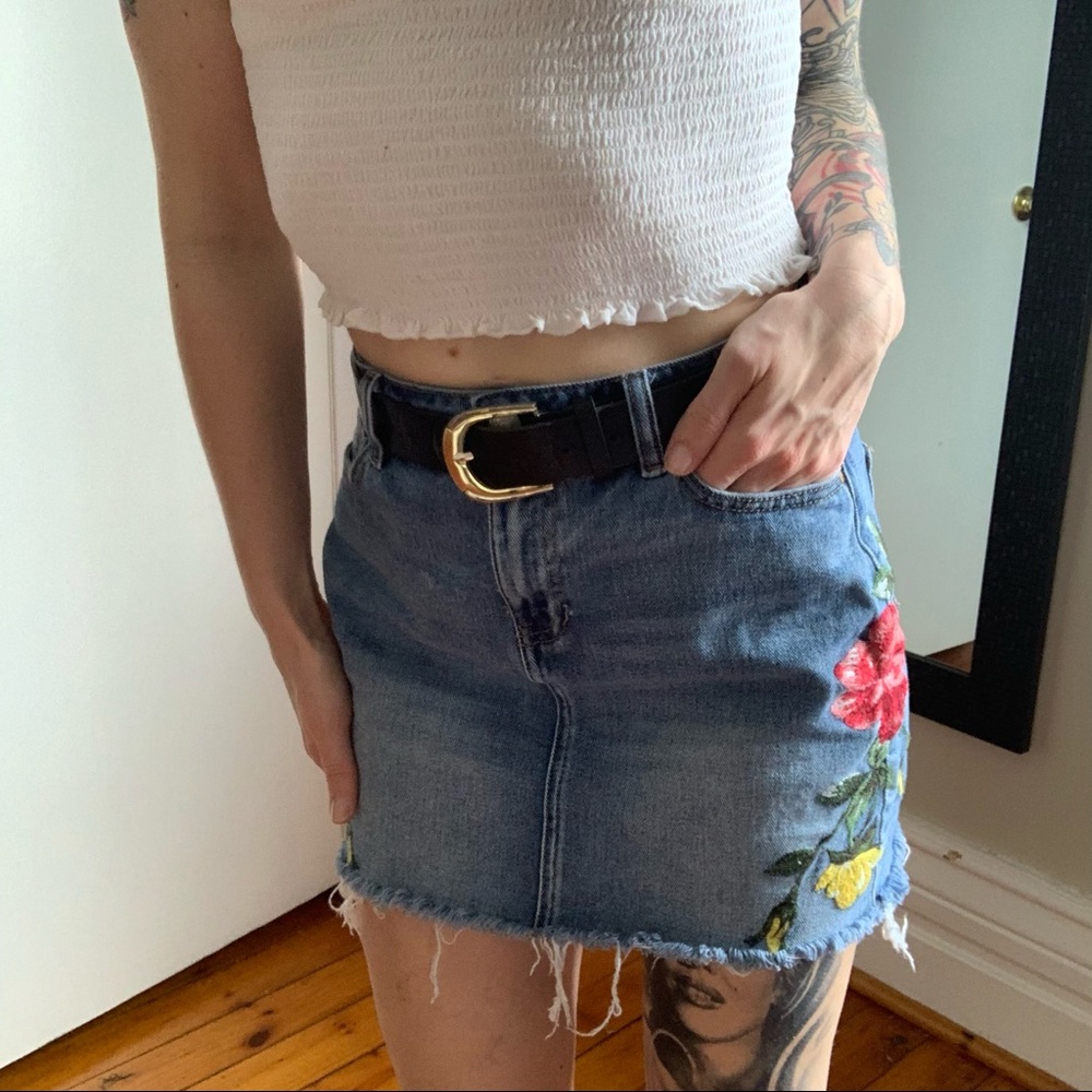 Gorgeous Embroidered Denim High Waisted Fray Skirt